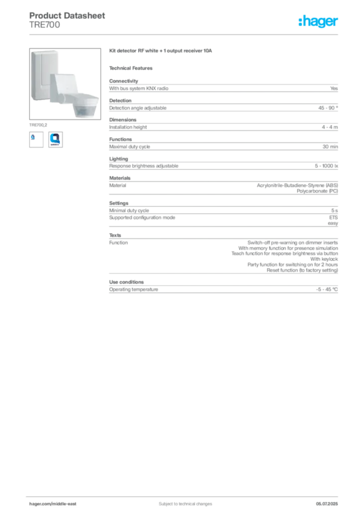 Image Hager Product data sheet TRE700  | Hager