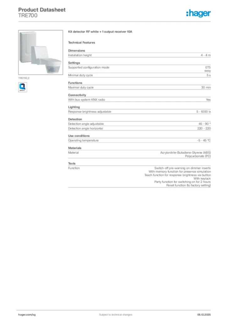 Image Hager Product data sheet TRE700  | Hager