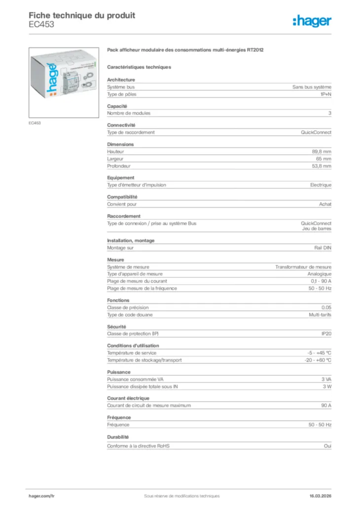 Image Hager Fiche technique du produit EC453 | Hager France