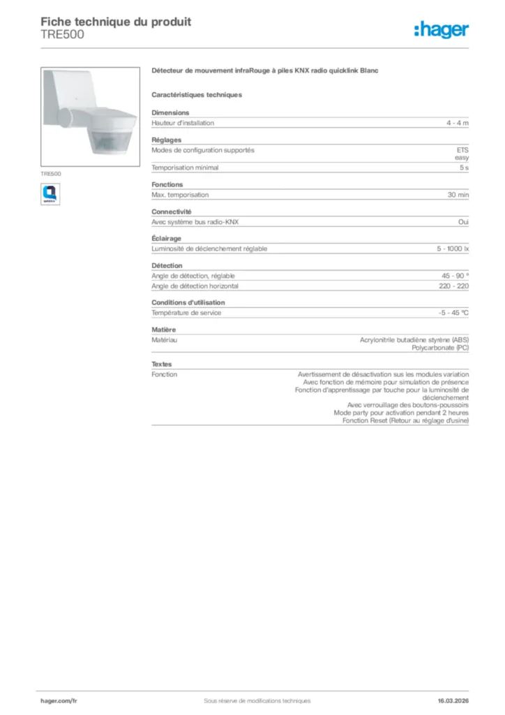 Image Hager Fiche technique du produit TRE500 | Hager France