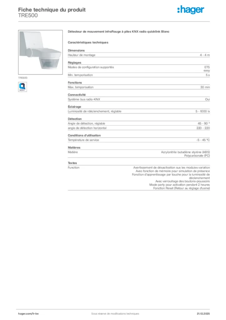 Image Hager Fiche technique du produit TRE500 | Hager Belgique