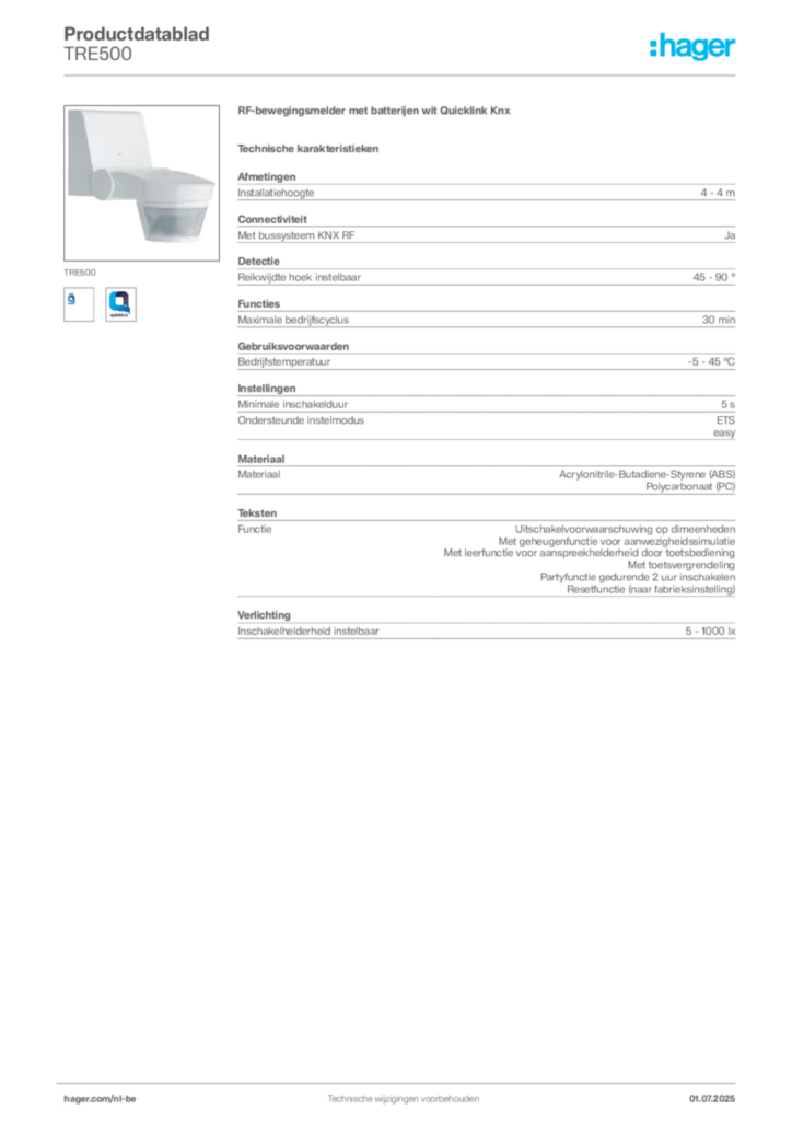 Afbeelding Hager Productdatablad TRE500 | Hager Belgium