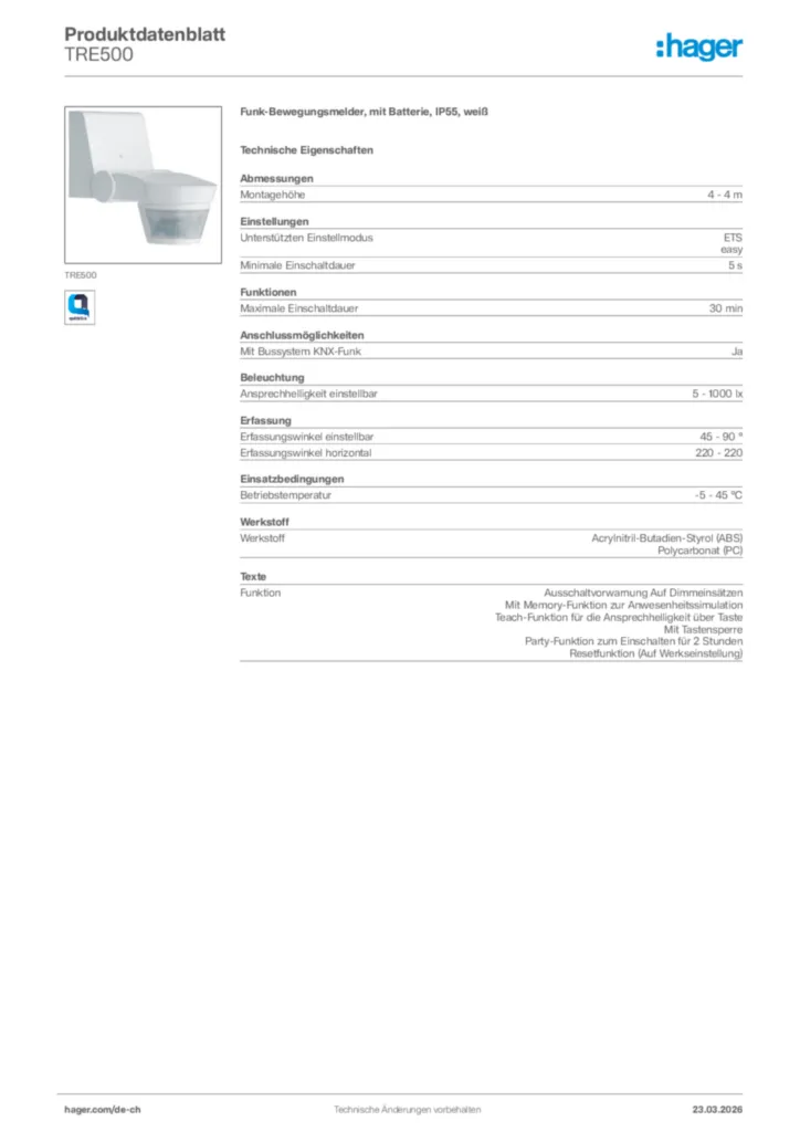 Bild Hager Produktdatenblatt TRE500 | Hager Schweiz