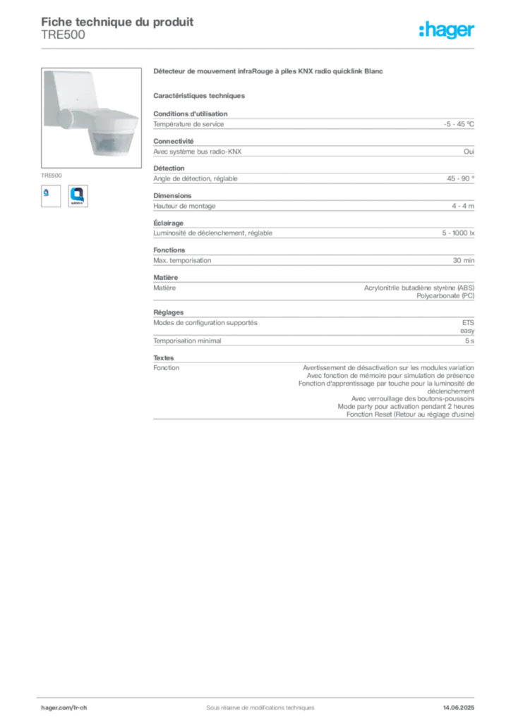 Image Hager Fiche technique du produit TRE500 | Hager Suisse