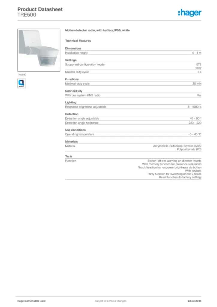 Image Hager Product data sheet TRE500  | Hager