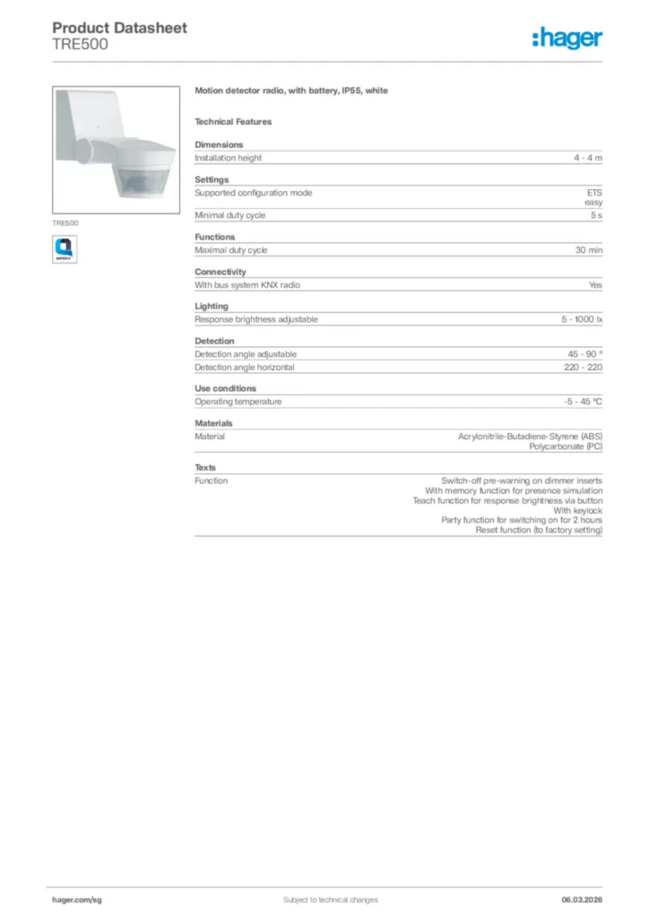 Image Hager Product data sheet TRE500  | Hager