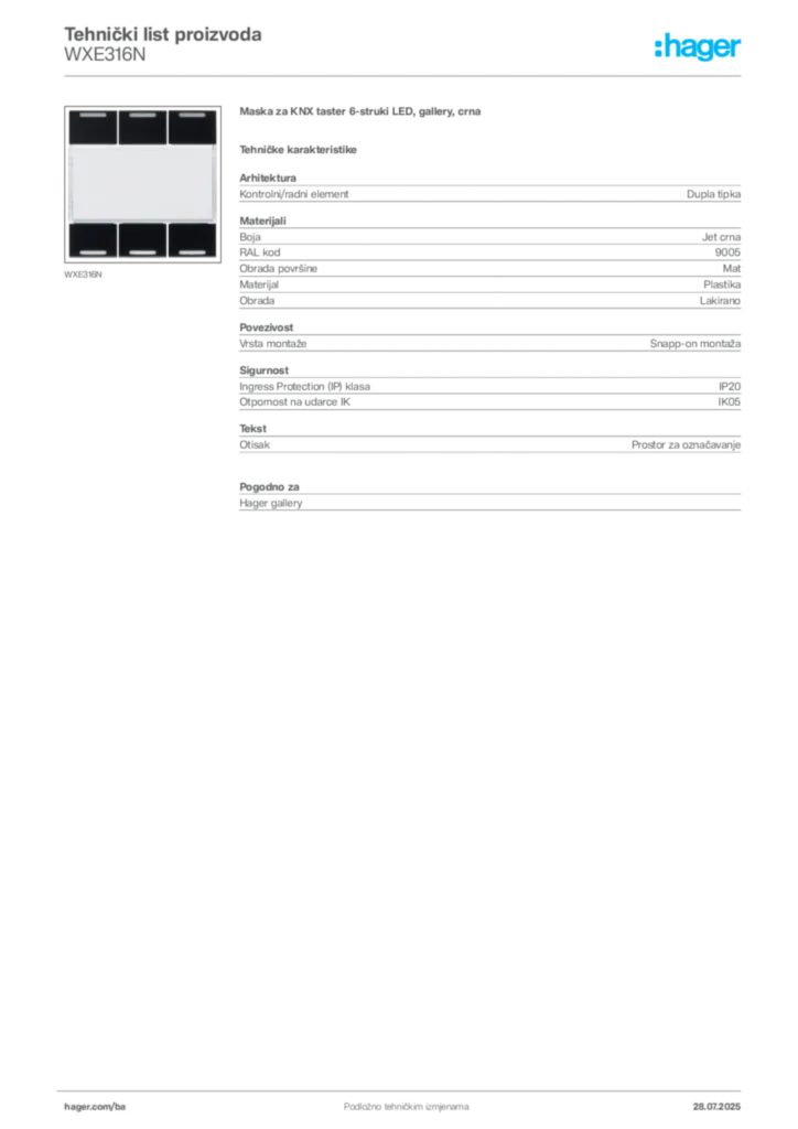Slika Hager Product data sheet WXE316N  | Hager