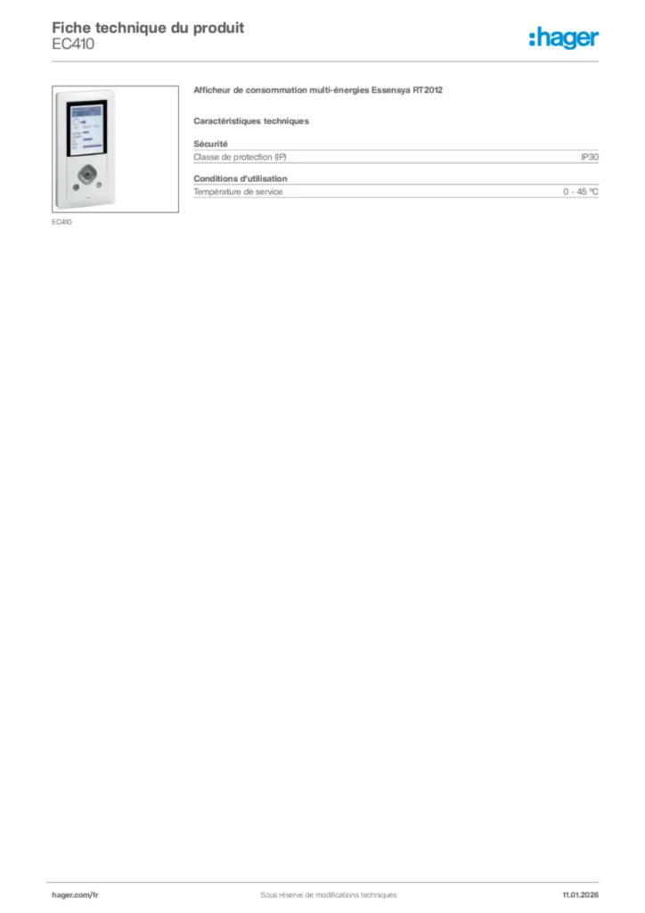 Image Hager Fiche technique du produit EC410 | Hager France