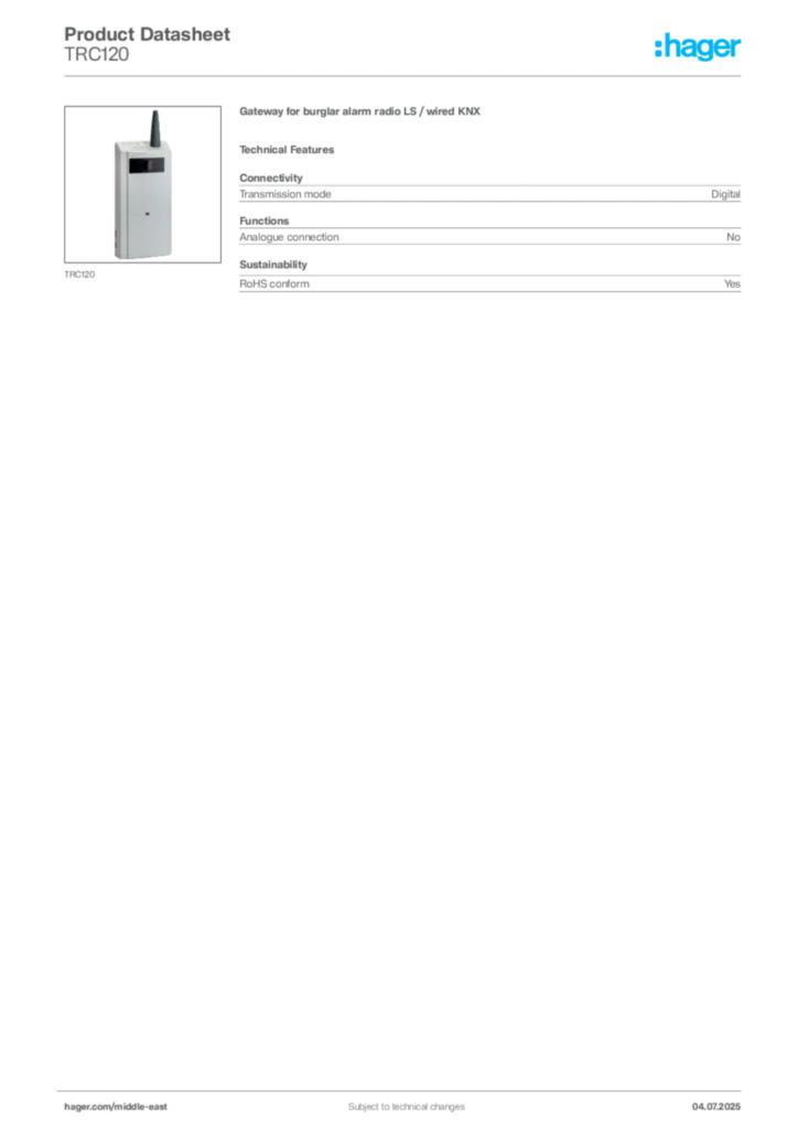 Image Hager Product data sheet TRC120  | Hager