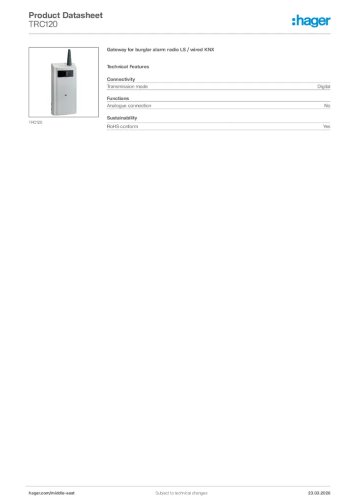 Image Hager Product data sheet TRC120  | Hager