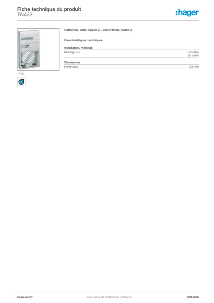 Image Hager Fiche technique du produit TN433 | Hager France