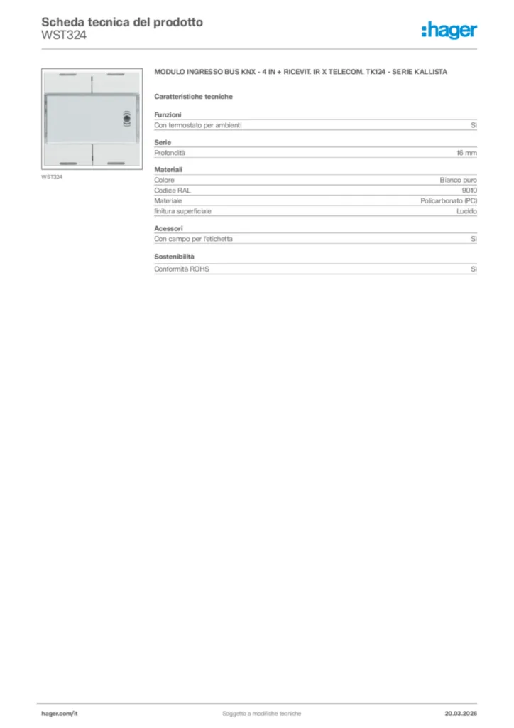 Immagine Hager Scheda tecnica del prodotto WST324 | Hager Italia