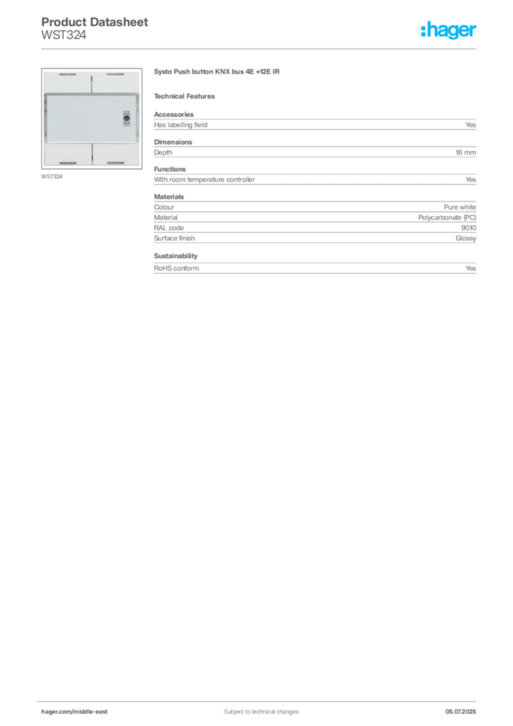 Image Hager Product data sheet WST324  | Hager