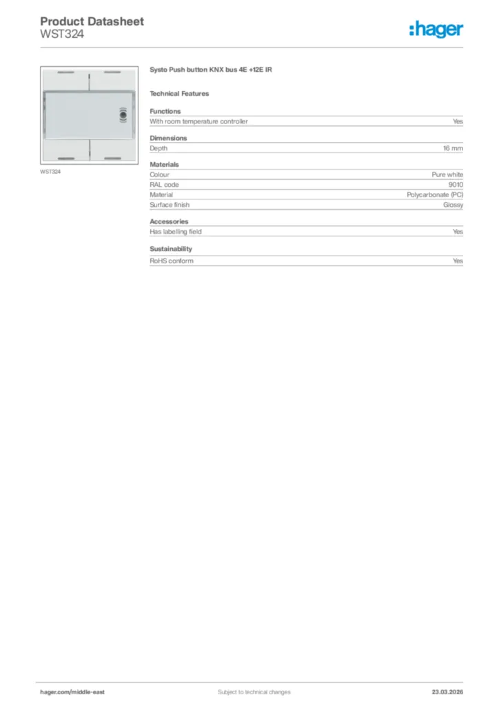 Image Hager Product data sheet WST324  | Hager