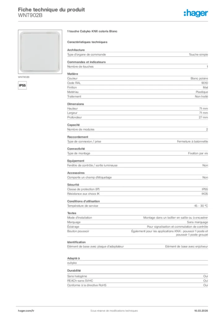 Image Hager Fiche technique du produit WNT902B | Hager France