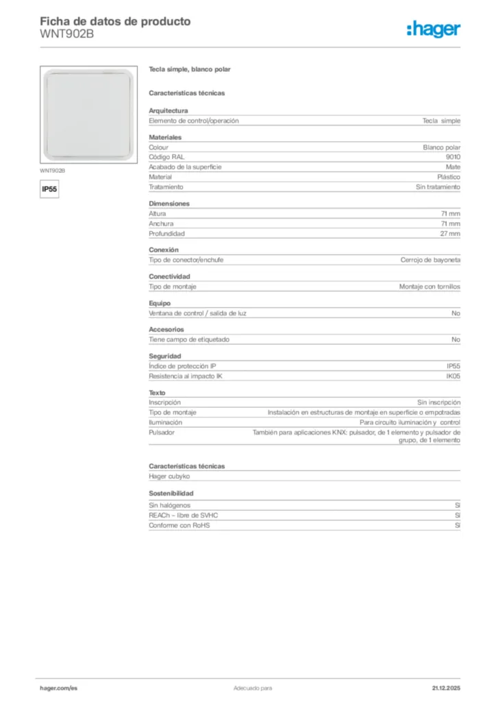 Imagen Hager Ficha de datos de producto WNT902B | Hager España