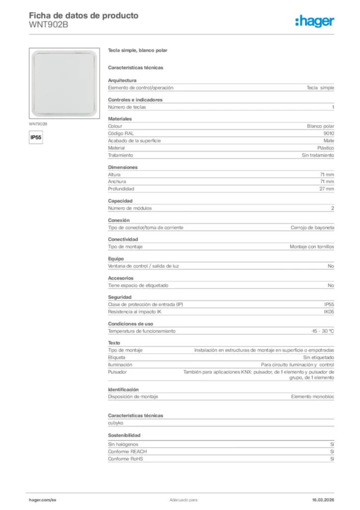 Imagen Hager Ficha de datos de producto WNT902B | Hager España