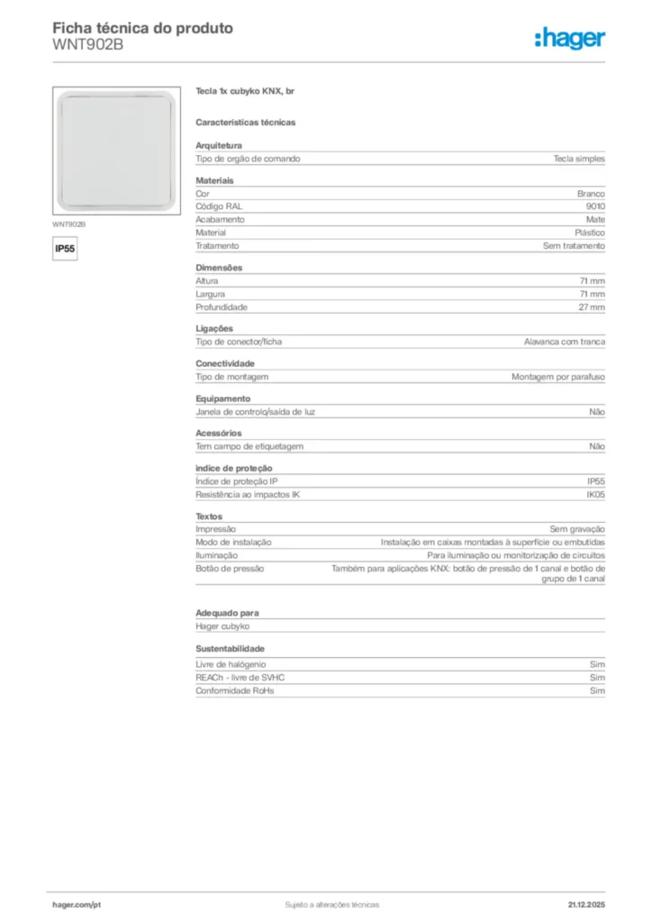 Imagem Hager Ficha técnica do produto WNT902B | Hager Portugal