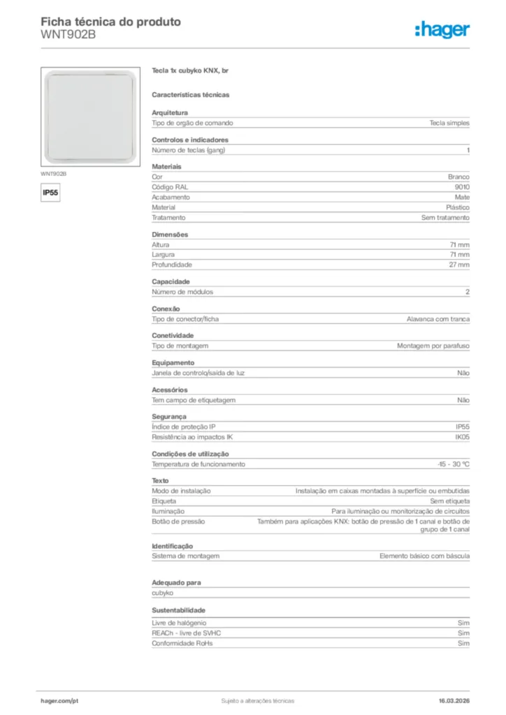 Imagem Hager Ficha técnica do produto WNT902B | Hager Portugal