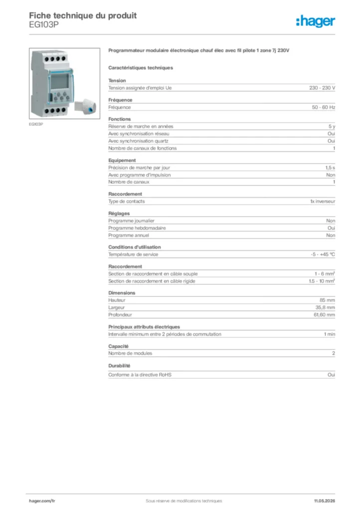 Image Hager Fiche technique du produit EG103P | Hager France