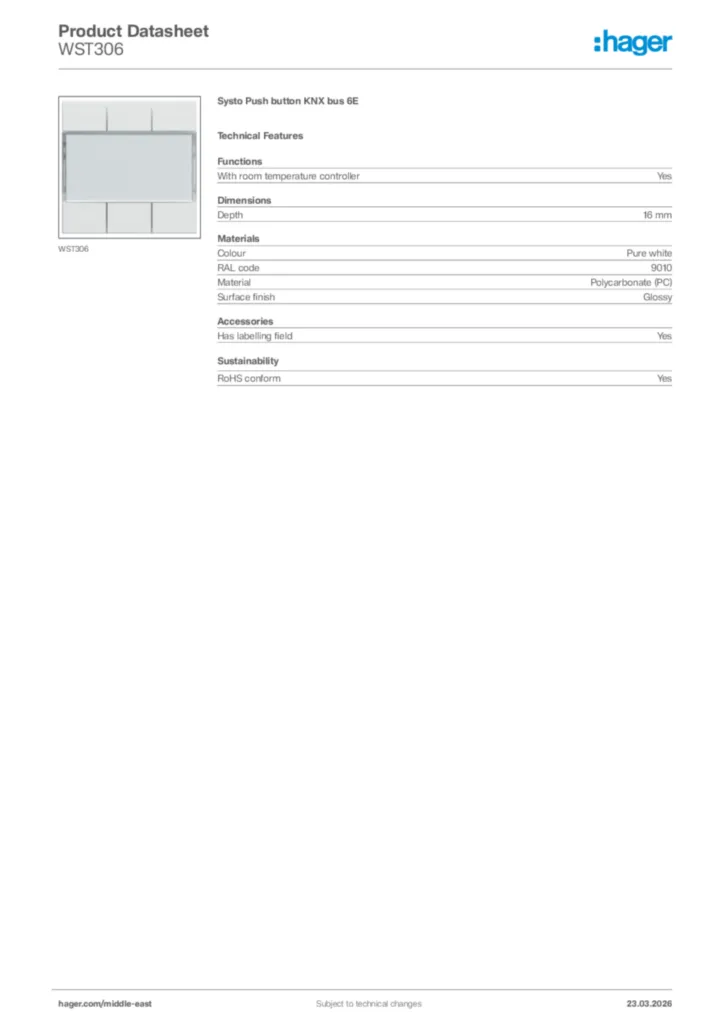 Image Hager Product data sheet WST306  | Hager