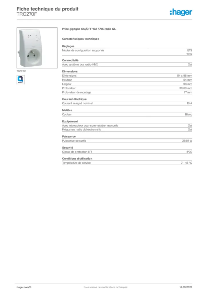 Image Hager Fiche technique du produit TRC270F | Hager France