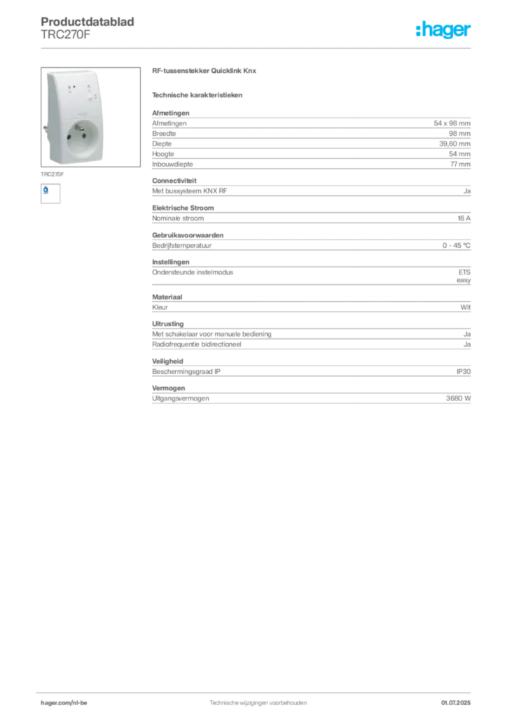 Afbeelding Hager Productdatablad TRC270F | Hager Belgium