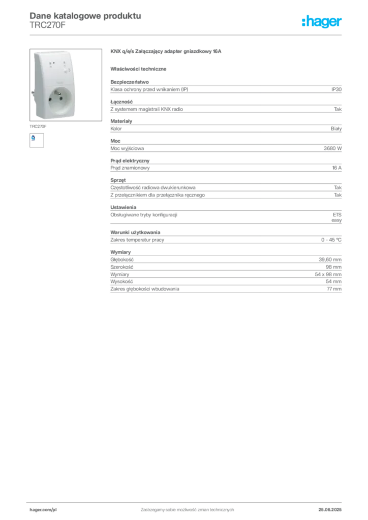 Zdjęcie Hager Dane katalogowe produktu TRC270F | Hager Polska