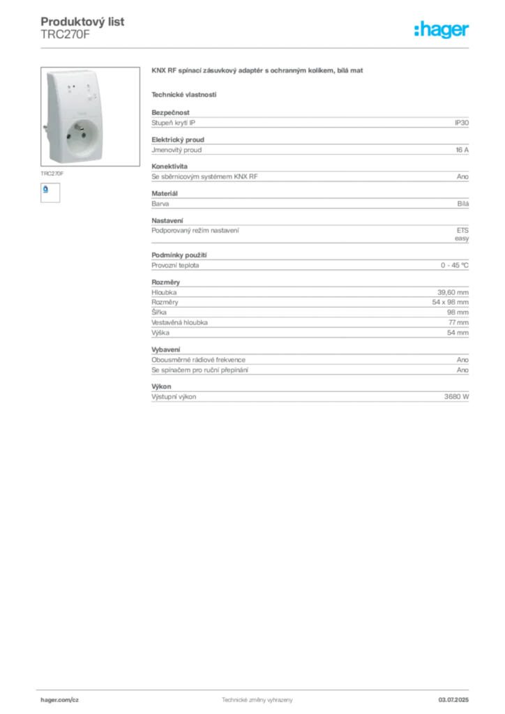 Obrázek Hager Produktový list TRC270F | Hager