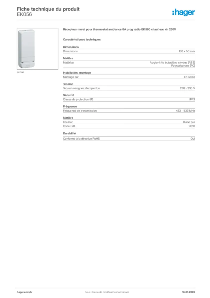 Image Hager Fiche technique du produit EK056 | Hager France