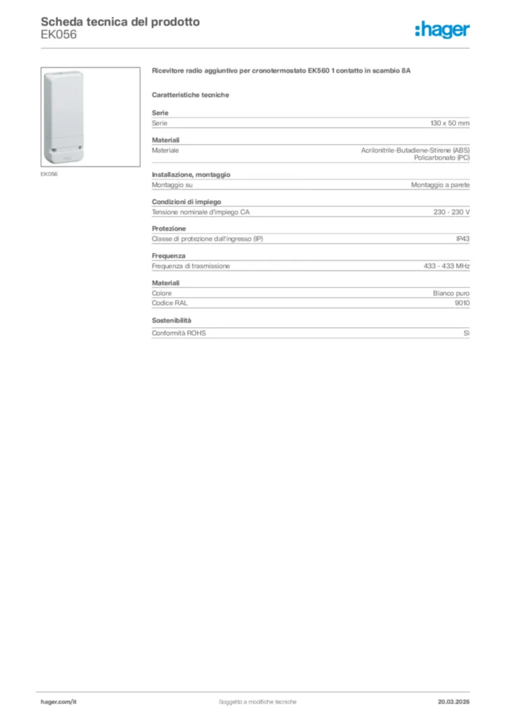 Immagine Hager Scheda tecnica del prodotto EK056 | Hager Italia