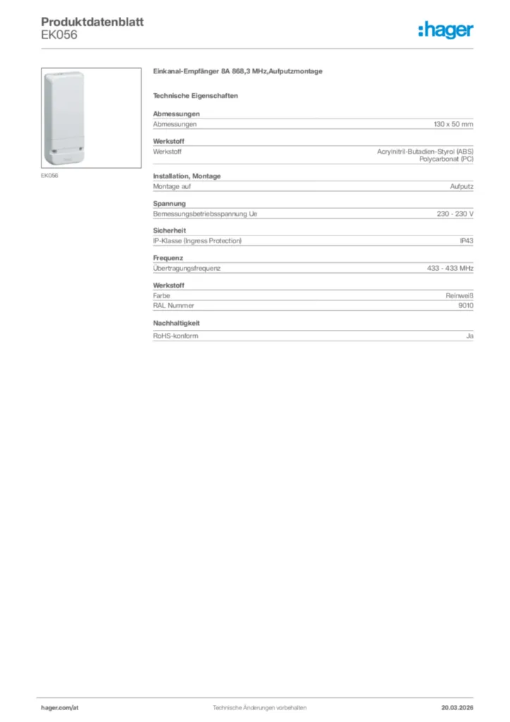 Bild Hager Produktdatenblatt EK056 | Hager Deutschland