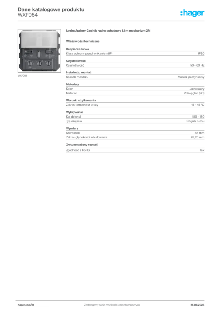 Zdjęcie Hager Dane katalogowe produktu WXF054 | Hager Polska