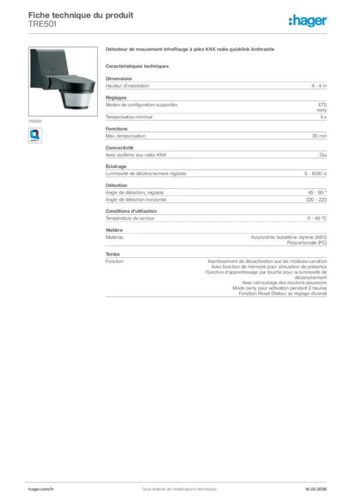 Image Hager Fiche technique du produit TRE501 | Hager France