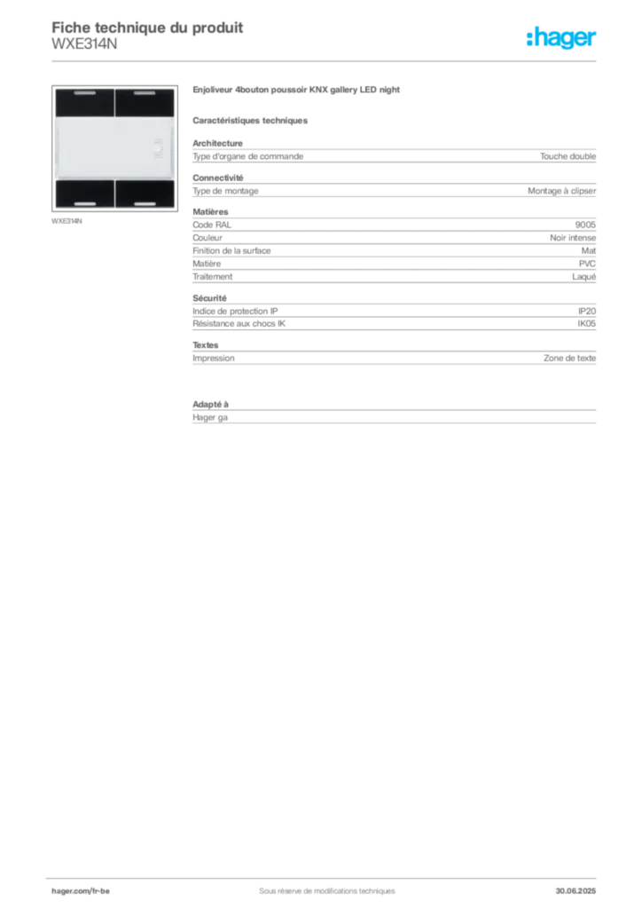 Image Hager Fiche technique du produit WXE314N | Hager Belgique