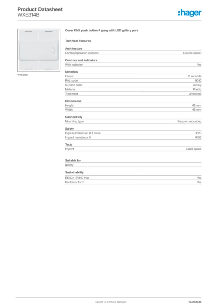 Image Hager Product data sheet WXE314B  | Hager Africa