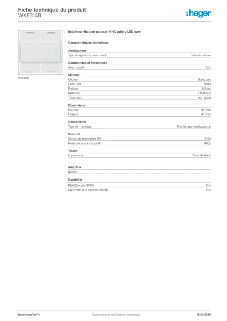 Image Hager Fiche technique du produit WXE314B | Hager Afrique