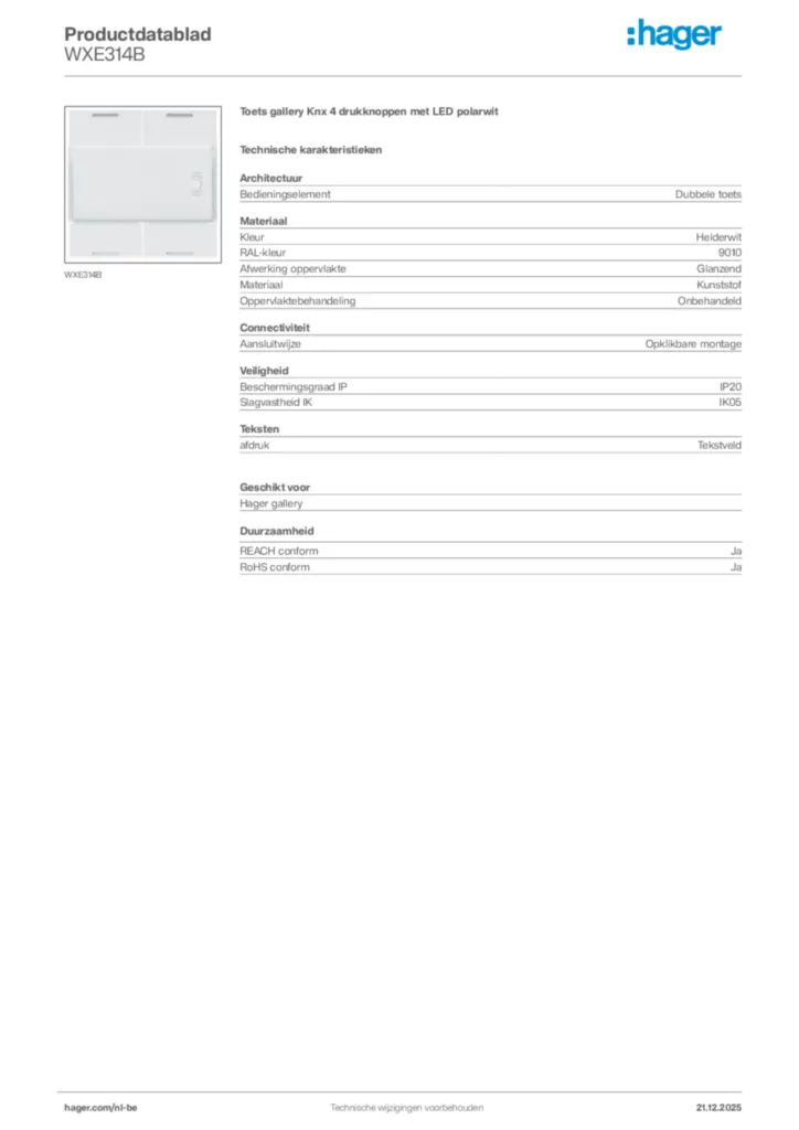 Afbeelding Hager Productdatablad WXE314B | Hager Belgium