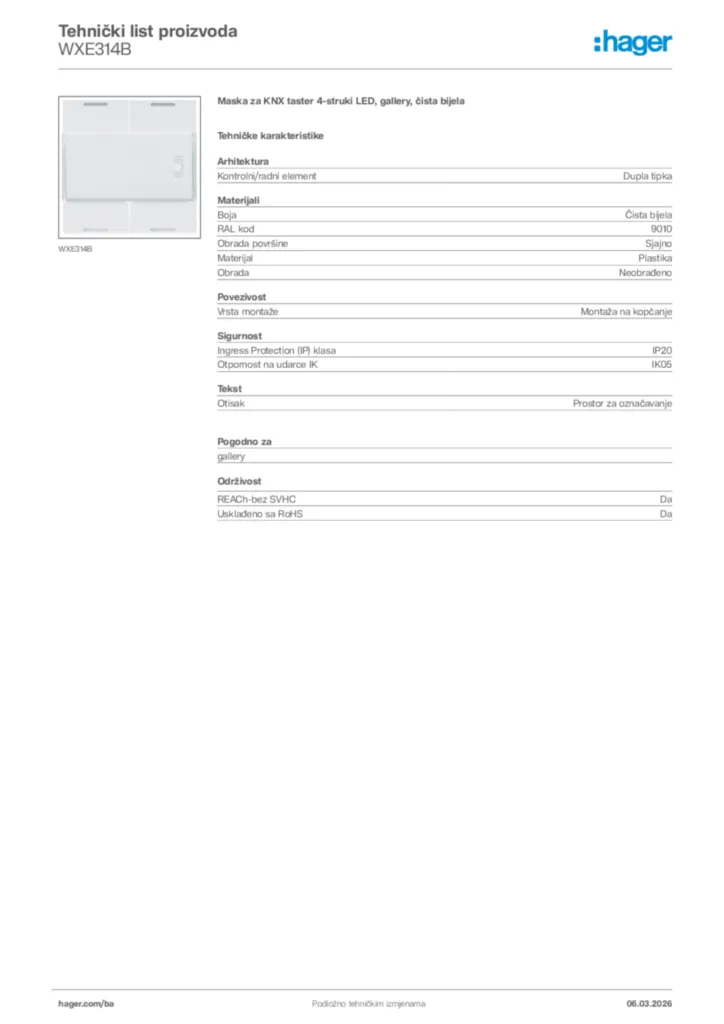 Slika Hager Tehnički list proizvoda WXE314B  | Hager