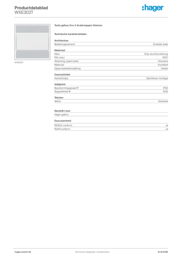 Afbeelding Hager Productdatablad WXE302T | Hager Belgium