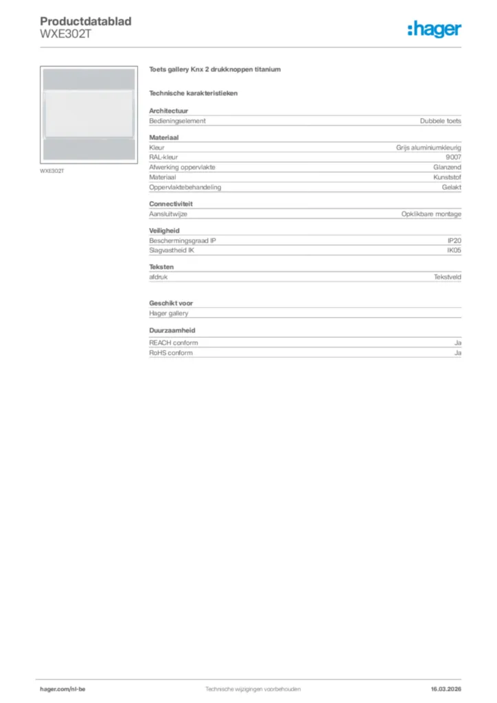 Afbeelding Hager Productdatablad WXE302T | Hager Belgium