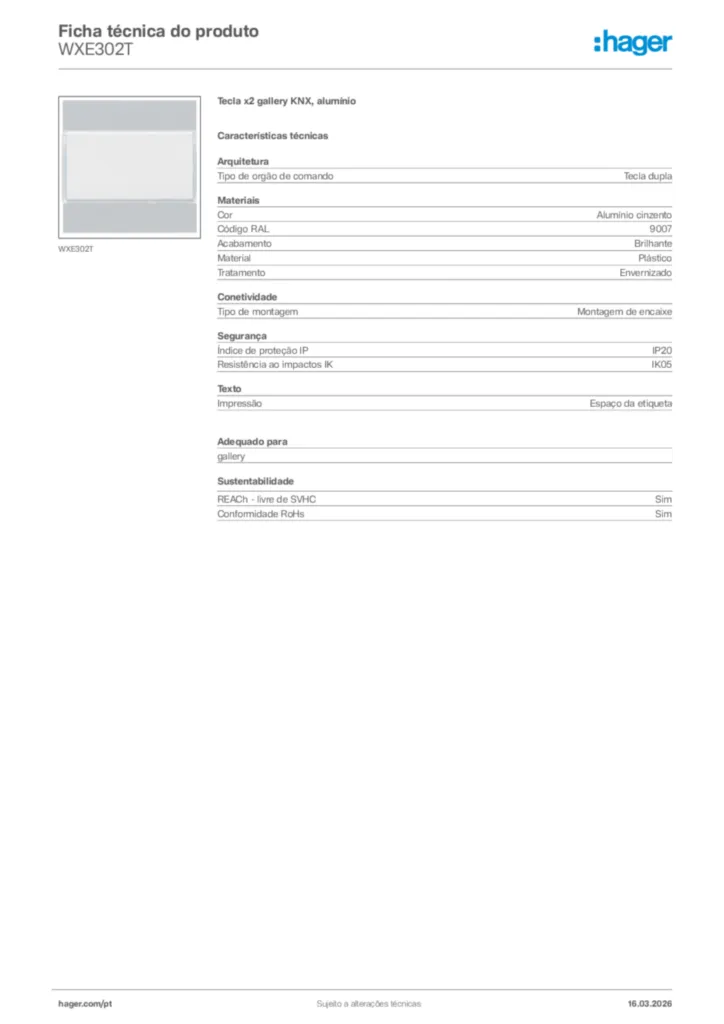 Imagem Hager Ficha técnica do produto WXE302T | Hager Portugal