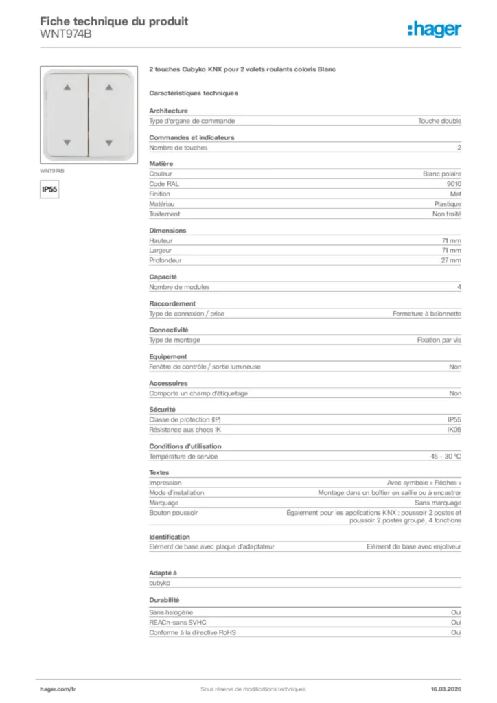 Image Hager Fiche technique du produit WNT974B | Hager France