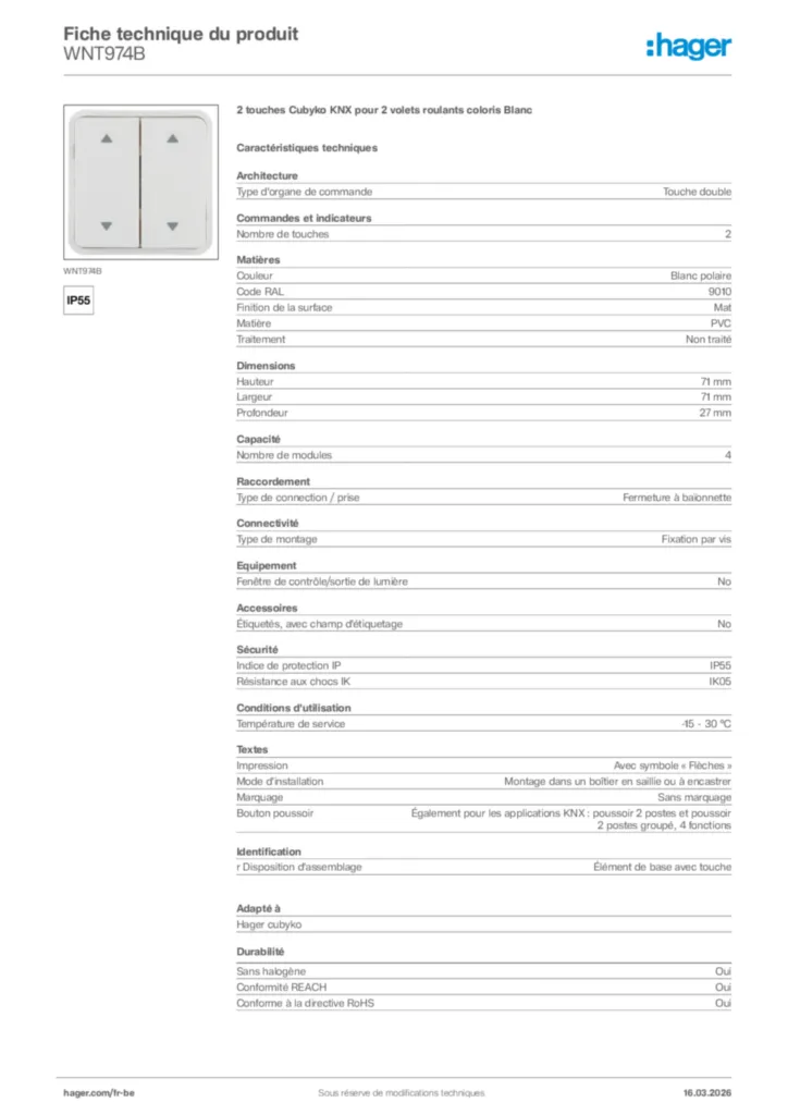 Image Hager Fiche technique du produit WNT974B | Hager Belgique