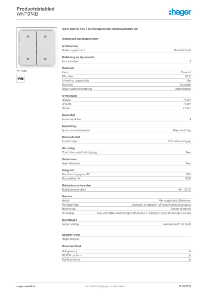 Afbeelding Hager Productdatablad WNT974B | Hager Belgium