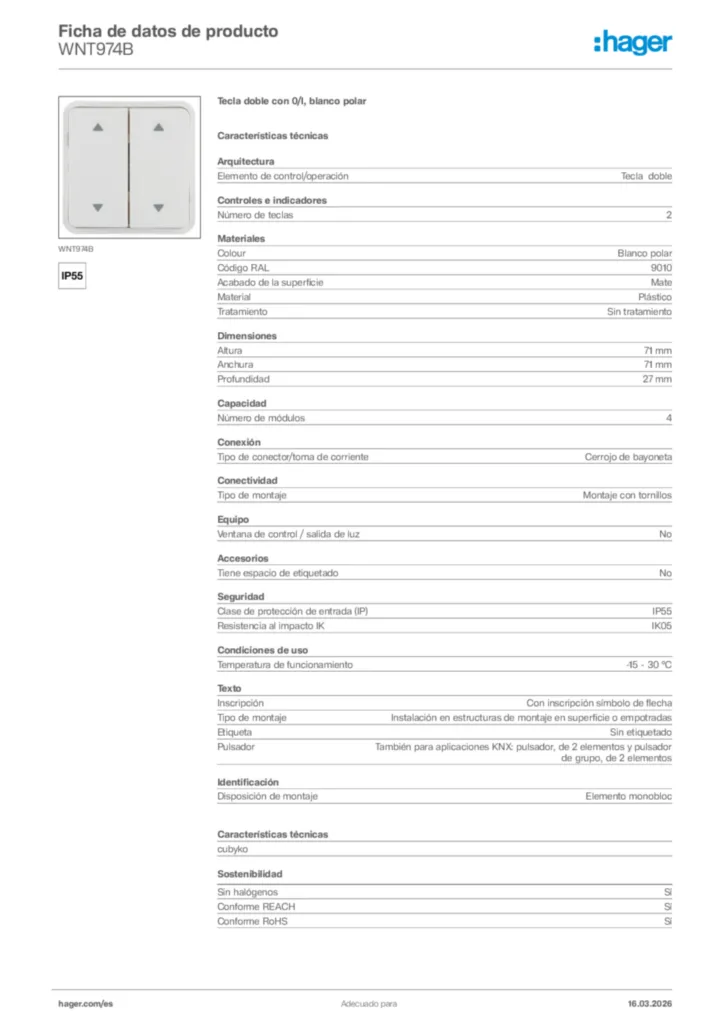 Imagen Hager Ficha de datos de producto WNT974B | Hager España
