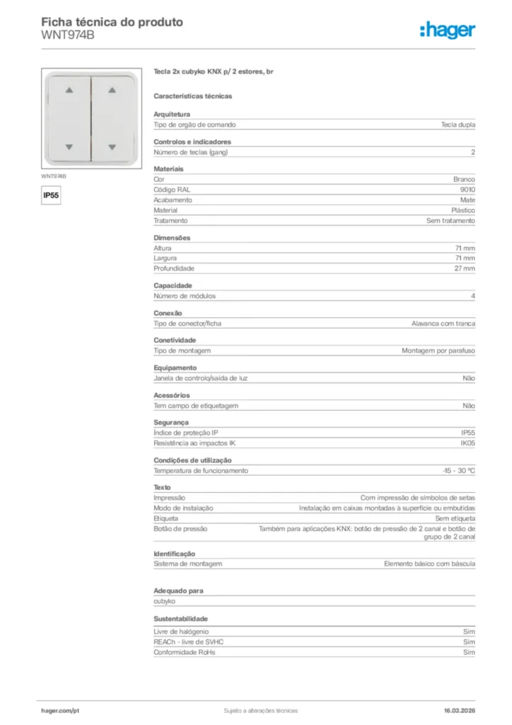 Imagem Hager Ficha técnica do produto WNT974B | Hager Portugal
