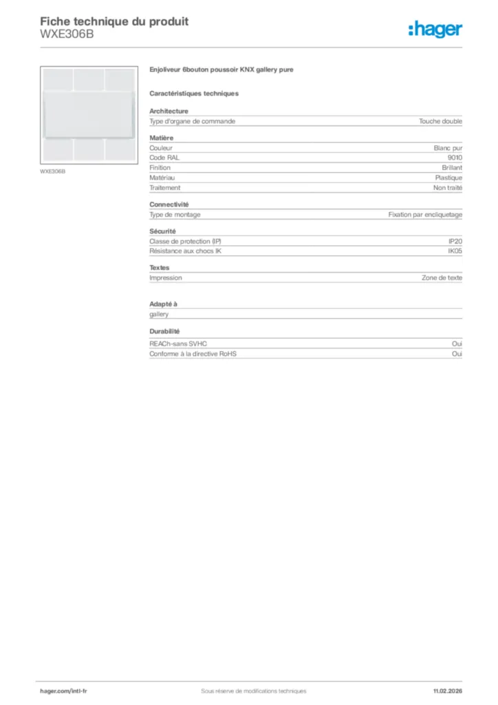 Image Hager Fiche technique du produit WXE306B | Hager Afrique