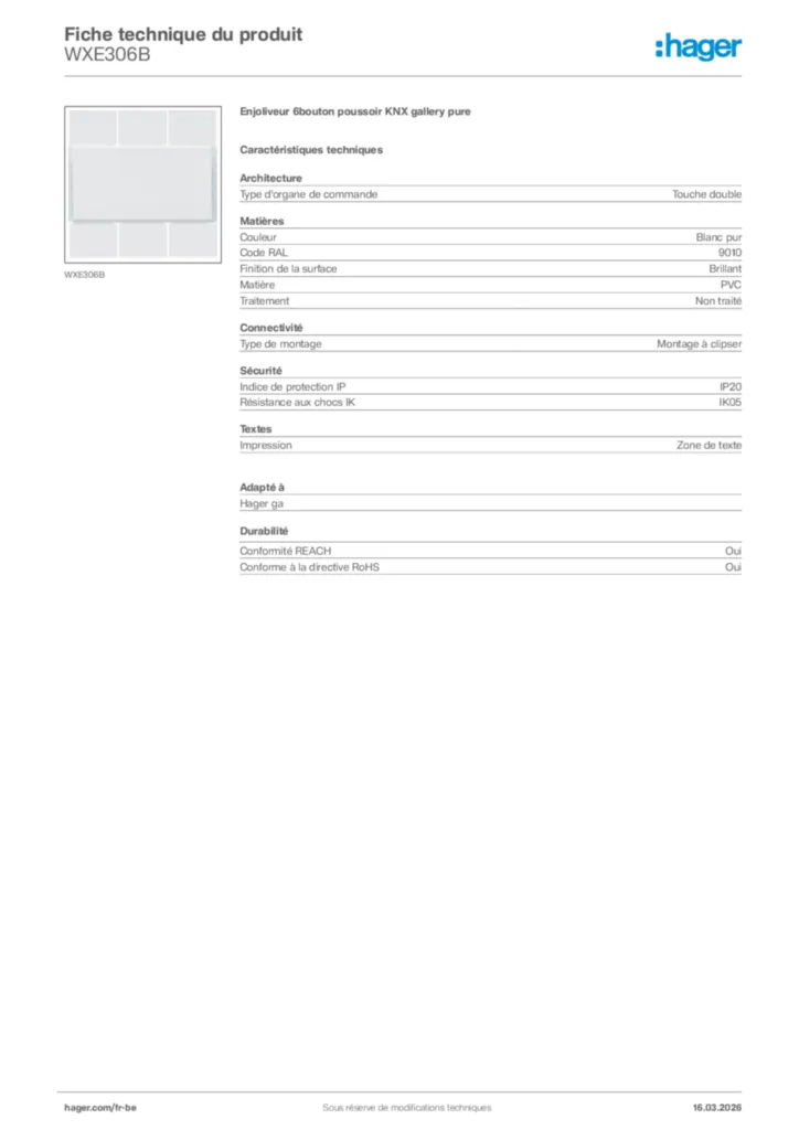 Image Hager Fiche technique du produit WXE306B | Hager Belgique