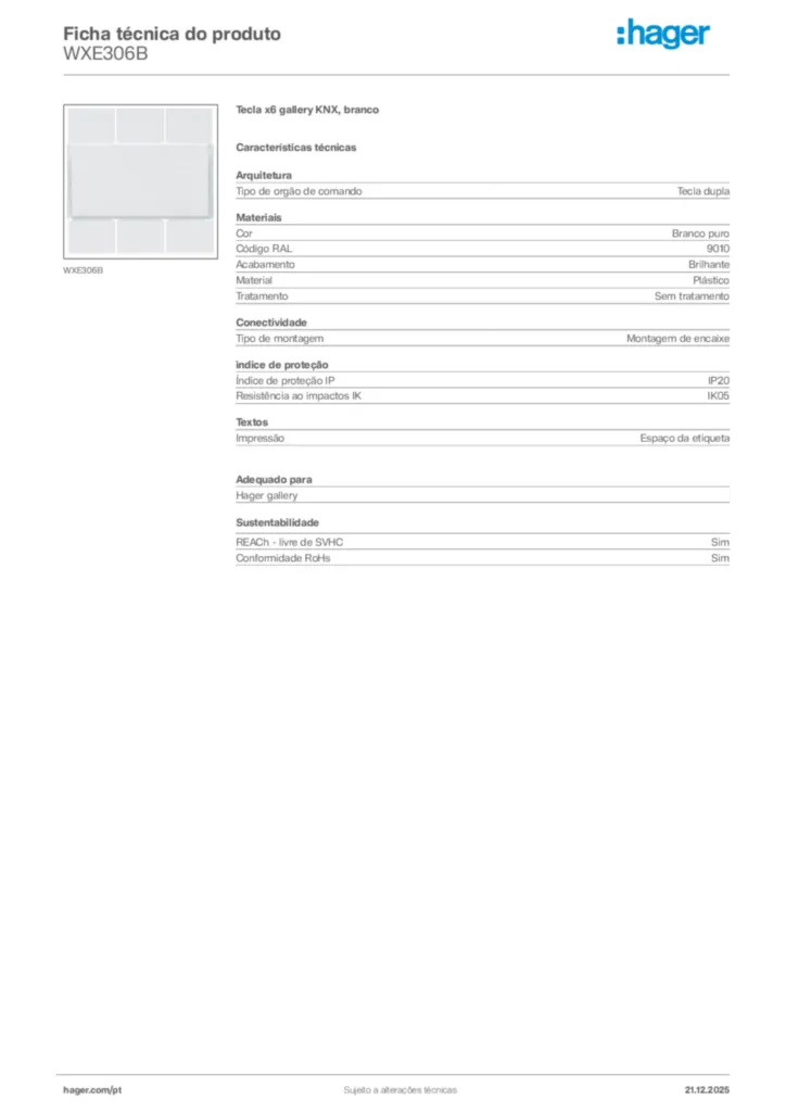 Imagem Hager Ficha técnica do produto WXE306B | Hager Portugal